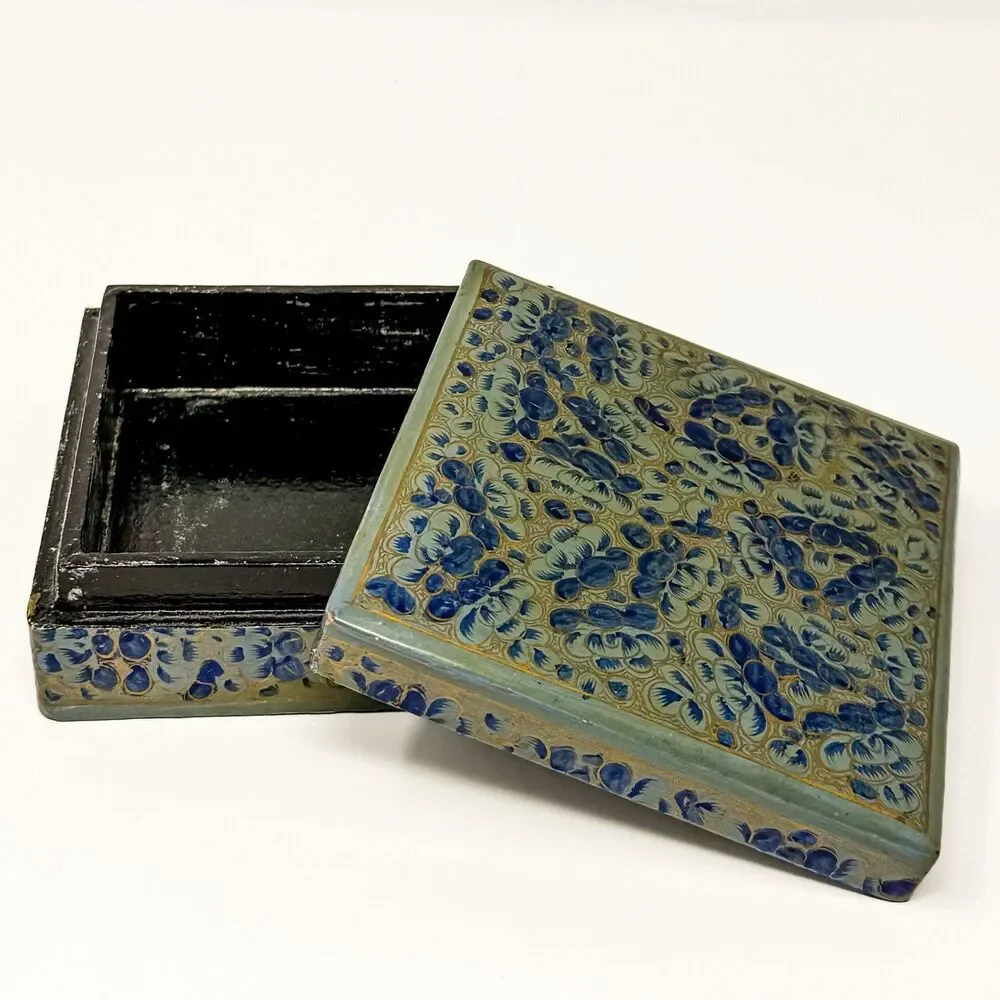 Vintage Kashmiri Papier Mache Lacquer Box 6 Hand Painted Floral Coasters